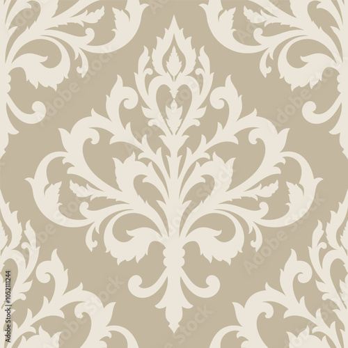 Elegant beige damask pattern wallpaper, vintage baroque design, ornamental floral decor, seamless vector background, perfect for home, office, or boutique decor