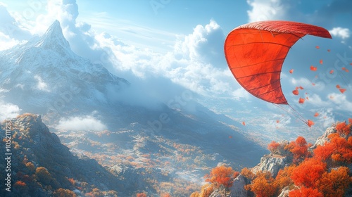 A red paraglider flies over a mountain range with autumn foliage and a snow-capped peak in the background. photo