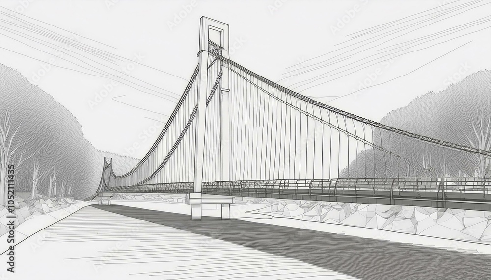 Fototapeta premium Sketch lines of suspension bridge, 3d rendering.