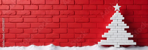 Mockup banner Christmas tree made of white bricks on the background of a red brick wall