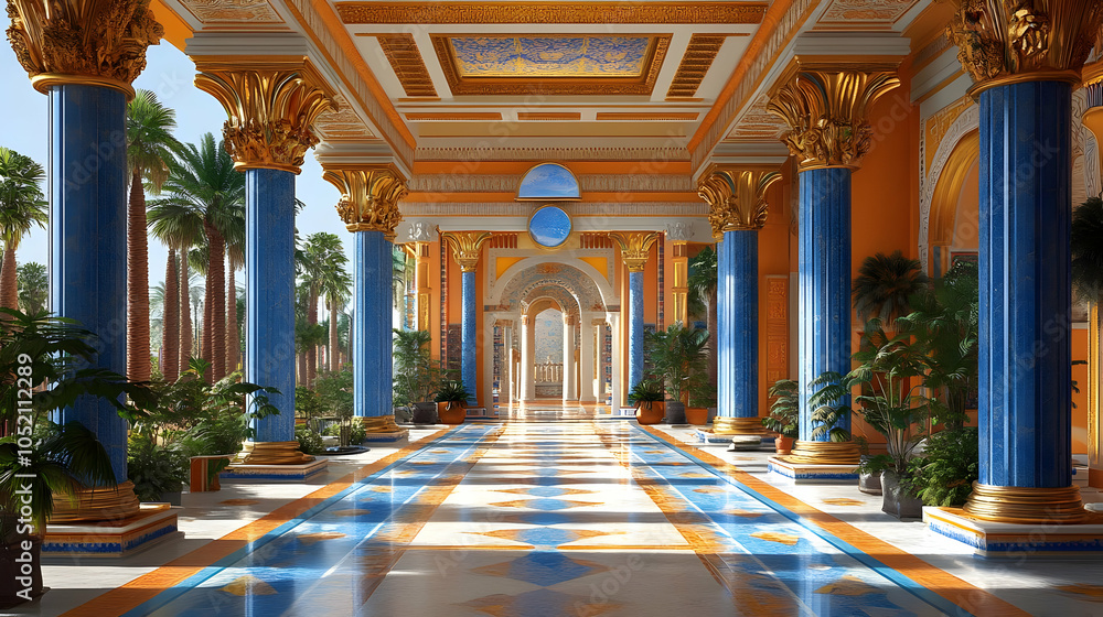 Fototapeta premium Golden and Blue Colonnade Palace Interior 3D Illustration