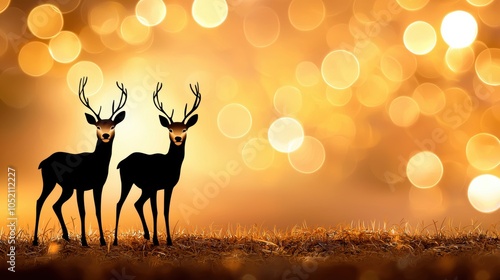 A serene scene of two silhouetted deer against a glowing, bokeh-lit background, capturing the essence of wildlife in a magical atmosphere.