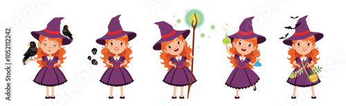 Little Girl Witch Character in Purple Pointed Hat Vector Set