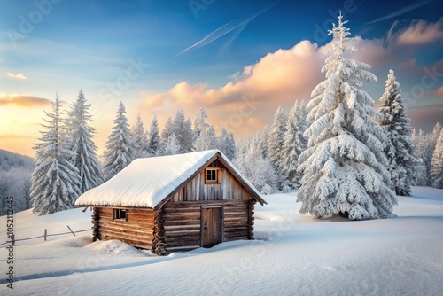 A delicate snow-covered landscape with a rustic cabin and frosty windows, windows, rural