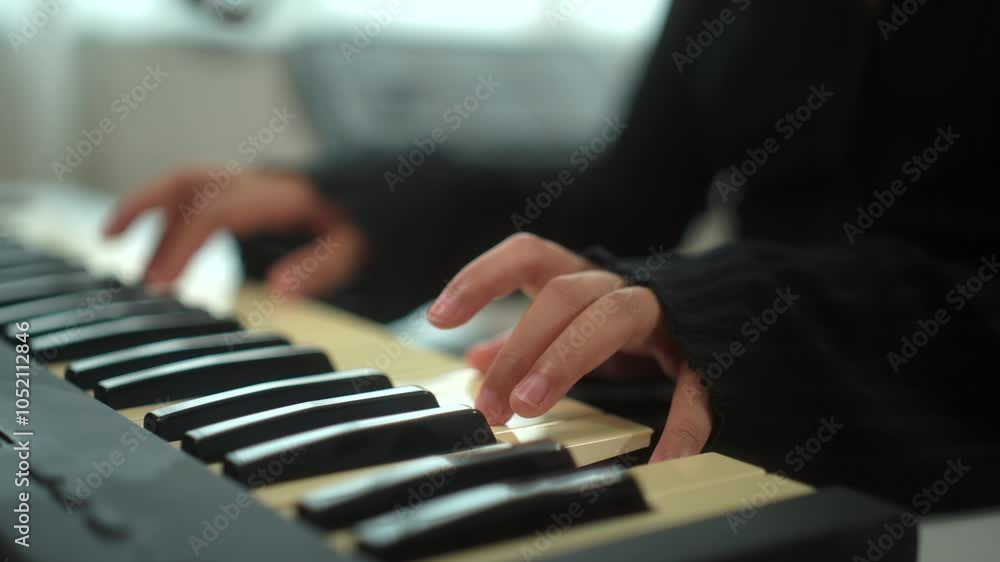 Close up hand of young musician woman playing piano while sitting in digital recording studio home, a composer female mastering music audio for soundtrack live performance with piano keyboard.
Close up hand of young musician woman playing piano while sitting in digital recording studio home, a composer female mastering music audio for soundtrack live performance with piano keyboard.