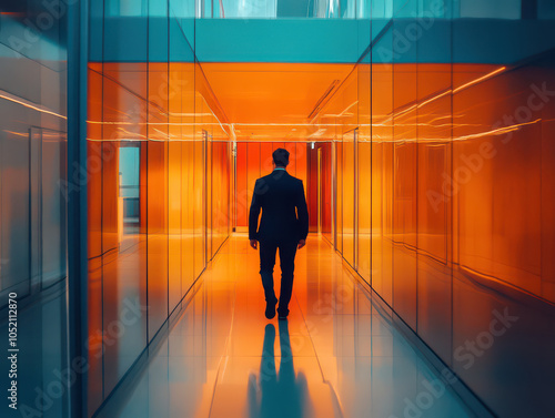 Silhouette of a man walking down a futuristic, brightly lit corridor with orange and blue hues.