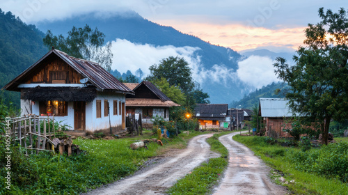 serene rural village with traditional houses surrounded by mountains and mist