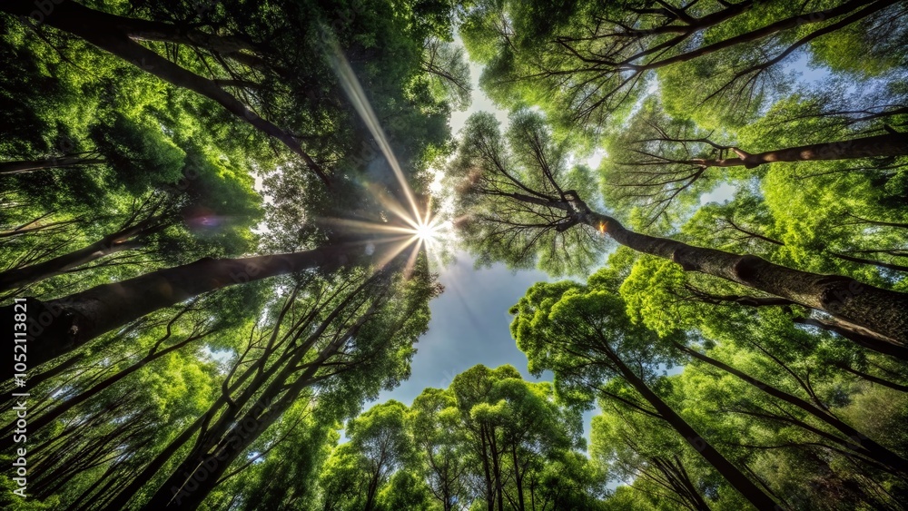 Naklejka premium Panoramic View of Lush Tree Tops in a Vibrant Forest Landscape Under Clear Sky