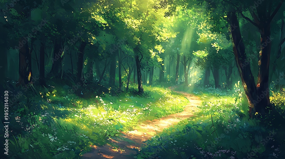 Naklejka premium Lush Green Forest Pathway with Gentle Wind