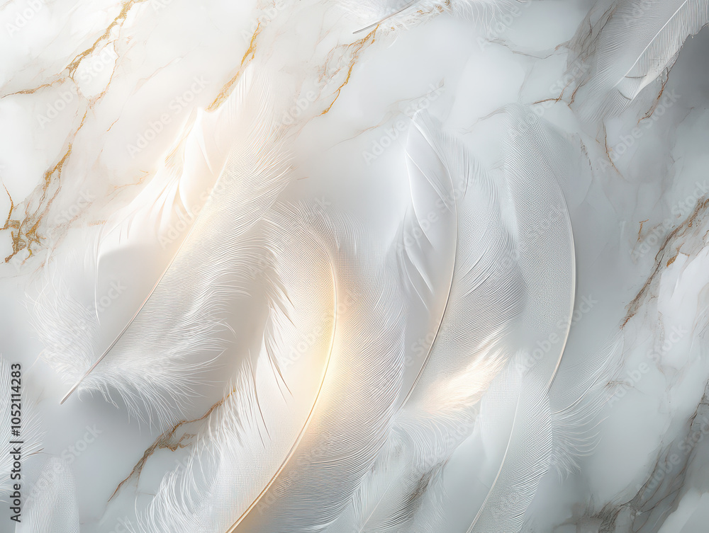 Naklejka premium Elegant white feathers lying delicately on a marble surface, illuminated by gentle light.