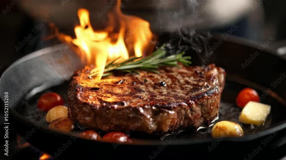 A delicious steak is being seared in a hot skillet, accompanied by cherry tomatoes and rosemary, creating a flavorful culinary moment A delicious steak is being seared in a hot skillet, accompanied by cherry tomatoes and rosemary, creating a flavorful culinary moment