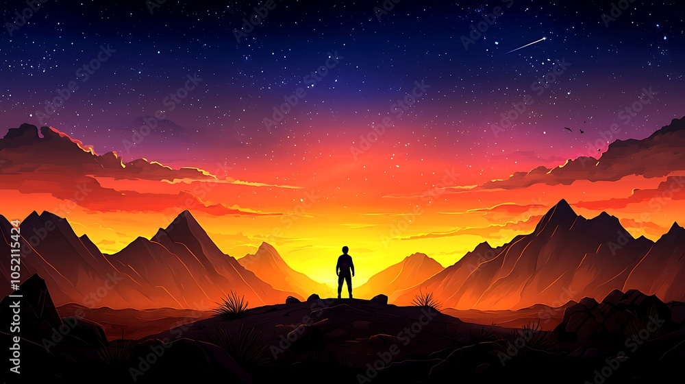 Fototapeta premium Silhouette Person Against Desert Sunset Background