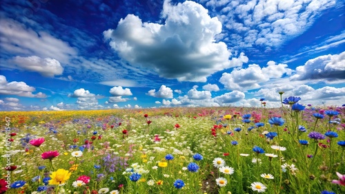 A delicate wildflower field in full bloom with a bright blue sky and fluffy white clouds, spring, field, flowers, garden, green grass