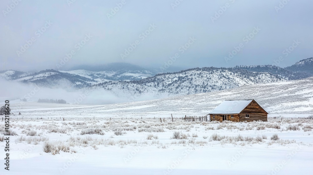 A lonely cabin surrounded by snowy fields, set against a backdrop of frosty, mist-covered mountains in a winter wonderland. A lonely cabin surrounded by snowy fields, set against a backdrop of frosty, mist-covered mountains in a winter wonderland.