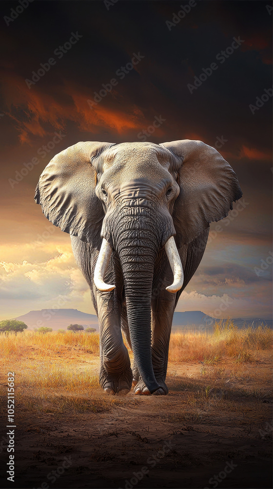 Obraz premium majestic elephant walking through lush landscape, showcasing its grandeur against stunning backdrop. scene evokes sense of wonder and admiration for wildlife