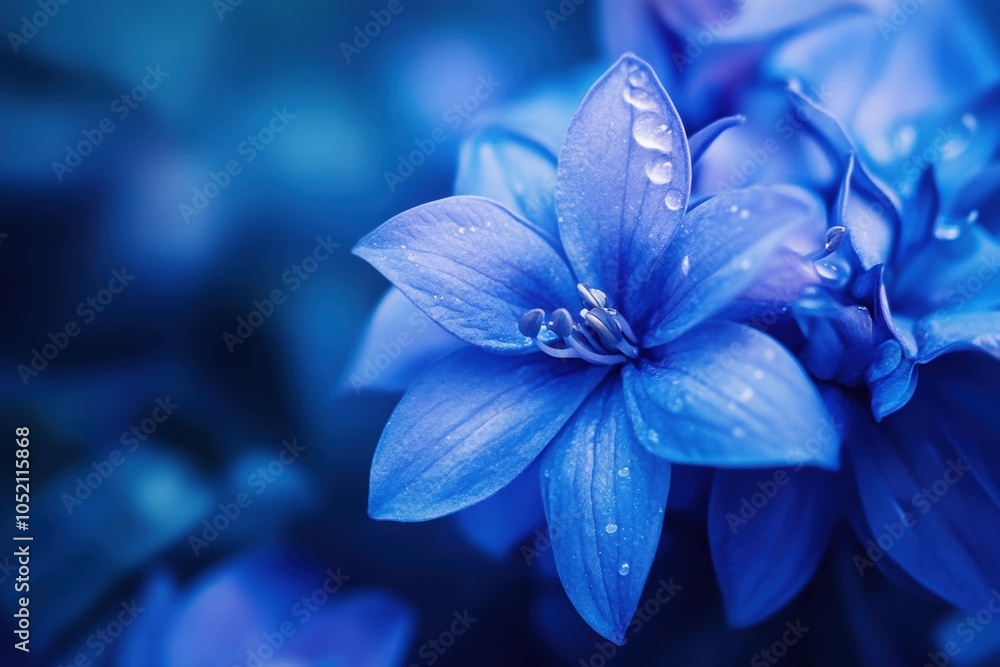 A close up of a blue flower with water droplets on it A close up of a blue flower with water droplets on it
