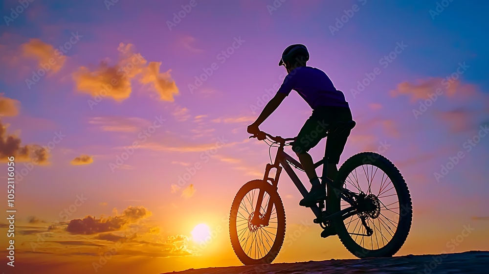 Obraz premium Cyclist Silhouette Against Evening Sky at Sunset