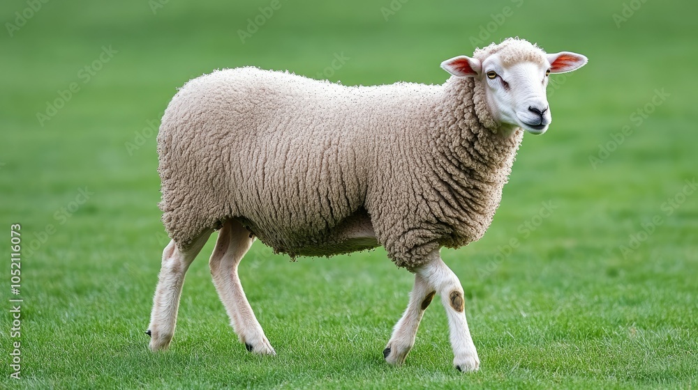 Fototapeta premium A lone sheep walking across a green pasture with soft morning light and dew on the grass, creating a quiet, pastoral ambiance.
