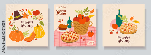 thanksgiving card set, modern, food illustration, composition, invitation, poster, print, flyer, background,  autumn event celebration, vector