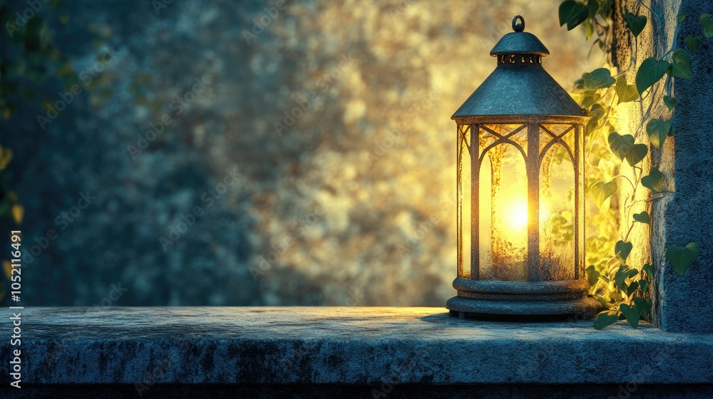 Fototapeta premium A metal lantern on a stone windowsill, glowing against a medieval castle wall with faint silhouettes of ivy creeping around.