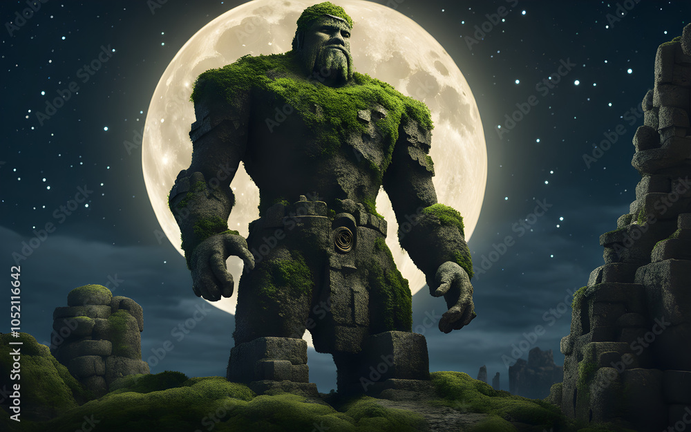 Fototapeta premium Towering golem made of stone and moss