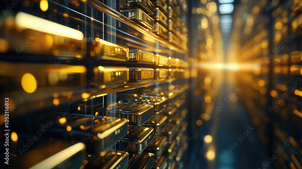 Obraz premium Close up of gold bars stacked neatly in vault, illuminated by warm light, creating sense of wealth and security. intricate details of bars reflect luxurious atmosphere