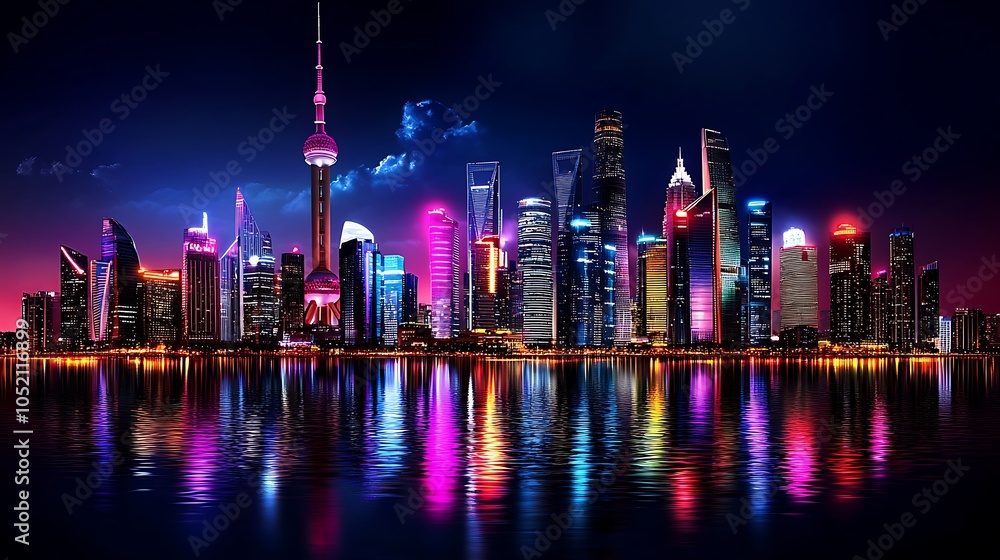 Fototapeta premium Vibrant Futuristic Cityscape at Night
