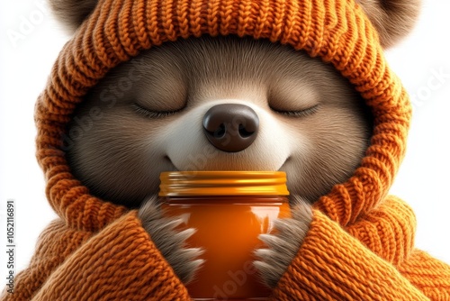 a 2D cartoon illustration of a sleepy bear holding a jar of honey cozy and warm white background photo