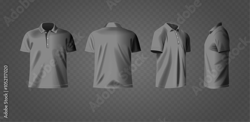 Elegant Gray Polo Shirt Mockup Displaying Front, Back, Side Angles, And Button Detailing For Design Presentation