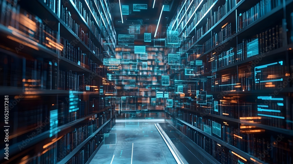 Fototapeta premium Futuristic Virtual Workspace with Endless Digital Library and Knowledge Resources