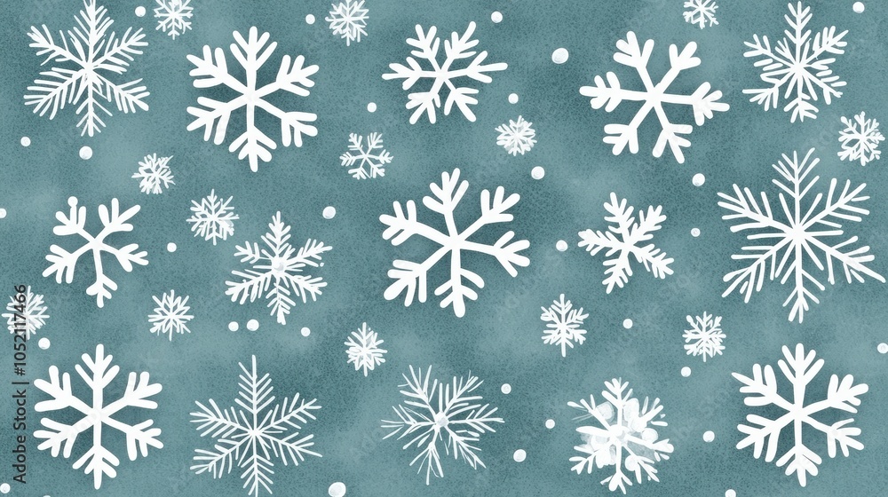 A serene background featuring white snowflakes of various sizes scattered across a muted teal backdrop, evoking a wintery, peaceful atmosphere. A serene background featuring white snowflakes of various sizes scattered across a muted teal backdrop, evoking a wintery, peaceful atmosphere.
