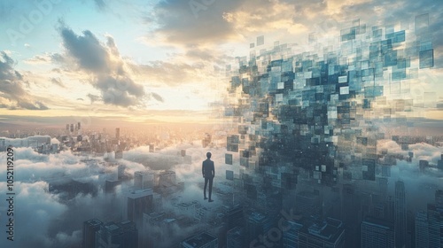 Silhouette floats above city on pixelated cloudscape.