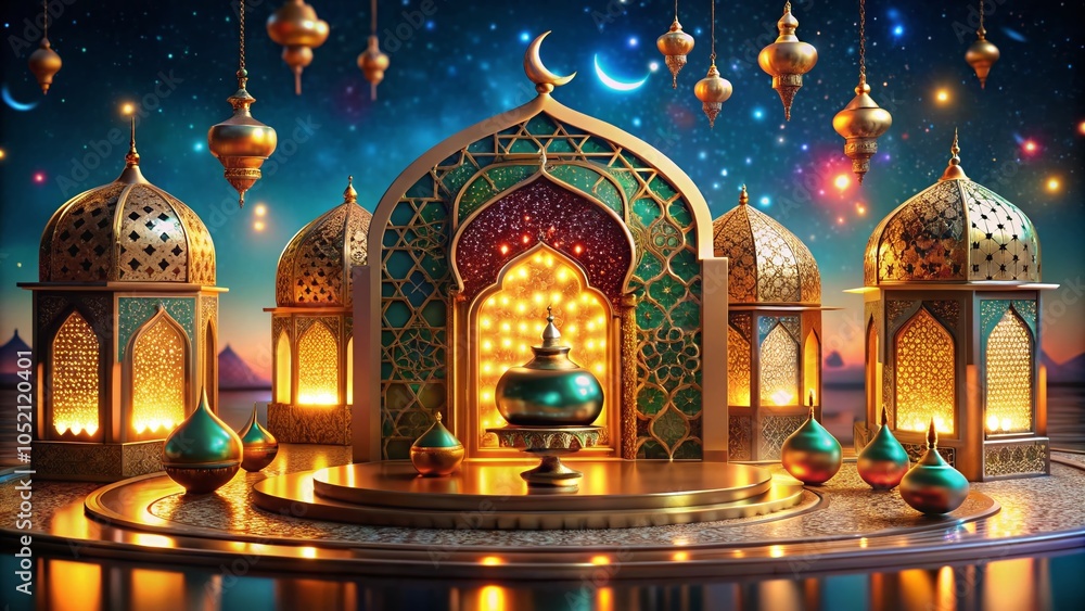 Obraz premium Realistic 3D Islamic Celebration with Ornate Podium and Vibrant Decorations for Festive Events