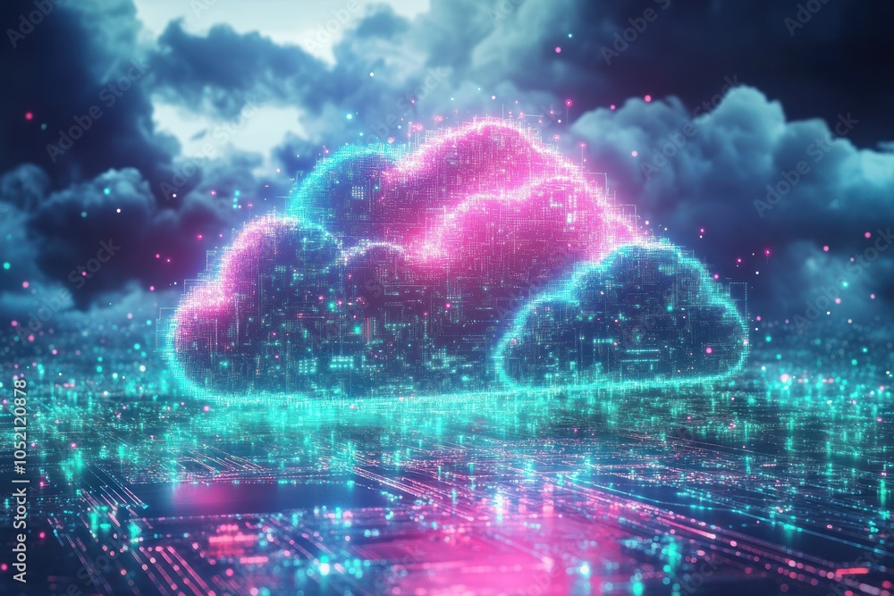 Glowing digital cloud hovering over virtual landscape Glowing digital cloud hovering over virtual landscape