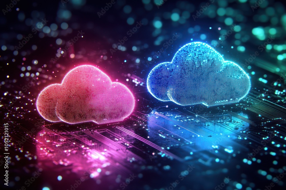 Obraz premium Two neon clouds against a detailed digital backdrop.