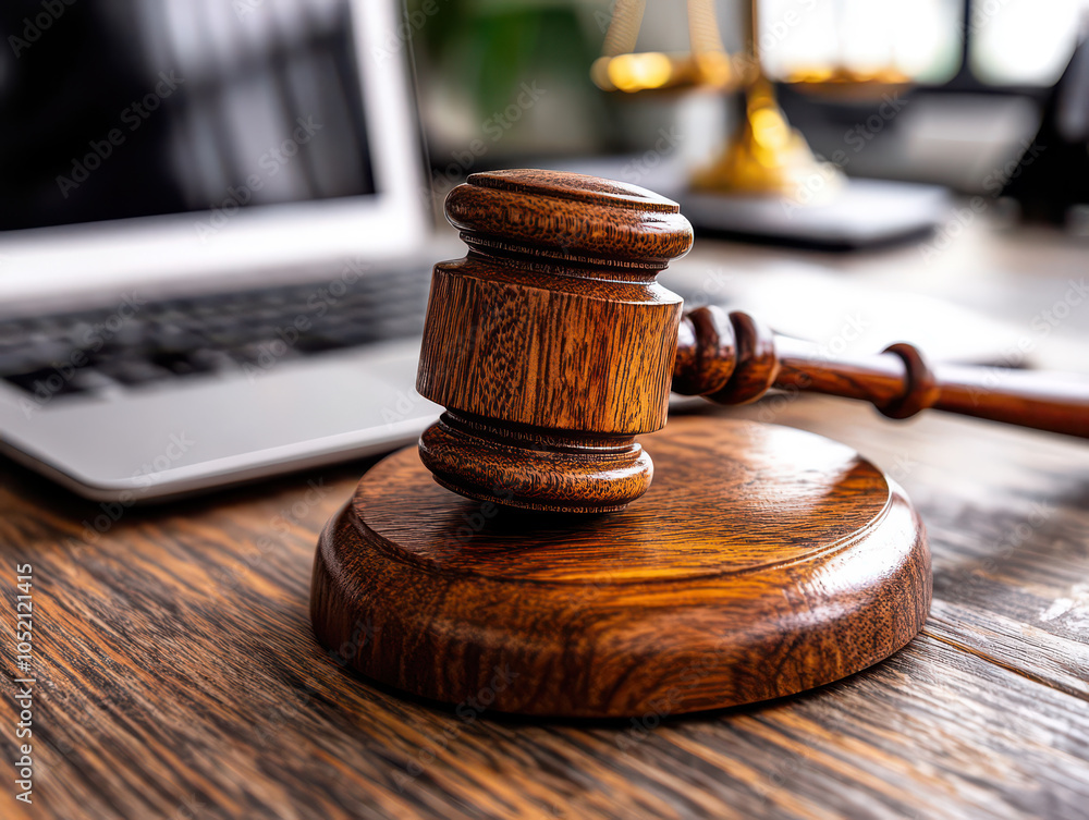 Close-up of a wooden gavel in a courtroom setting, symbolizing justice and law. Close-up of a wooden gavel in a courtroom setting, symbolizing justice and law.