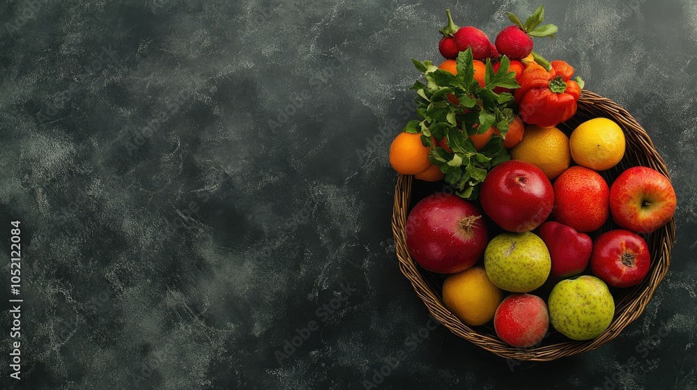 Variety of fresh fruits and vegetables in a basket, viewed from above on clean surface with copy space Variety of fresh fruits and vegetables in a basket, viewed from above on clean surface with copy space