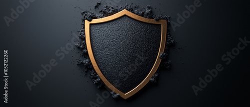 striking graphic of shield with textured surface, symbolizing protection and security. shields golden outline contrasts beautifully against dark background, evoking sense of strength and resilience photo