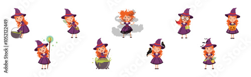 Little Girl Witch Character in Purple Pointed Hat Vector Set