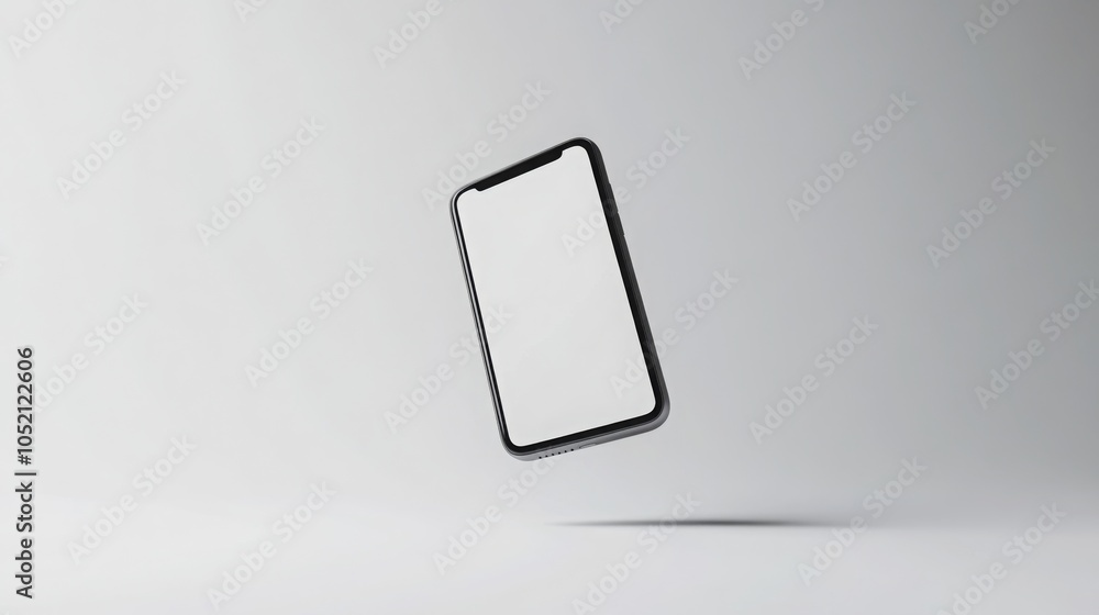 A black smartphone with a white screen is floating in mid-air against a white background. A black smartphone with a white screen is floating in mid-air against a white background.