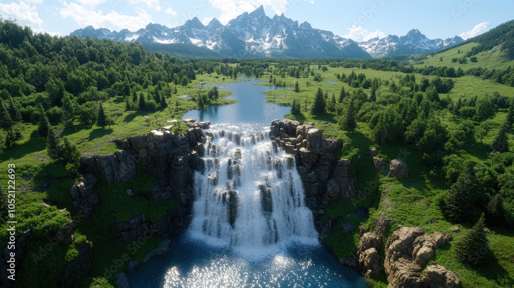 Fototapeta premium Majestic Waterfall in Mountain Landscape with Forest Lake and Snowy Peaks