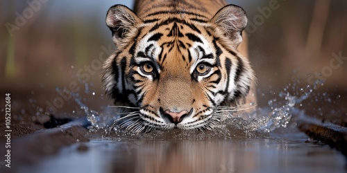 Siberian Tiger Running Through Water Close Up Portrait Wildlife Photography