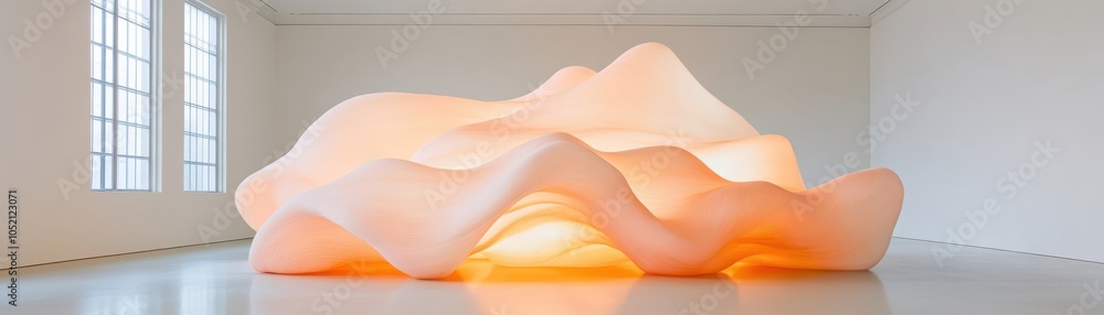 A contemporary art installation featuring soft, flowing shapes illuminated with warm orange light, creating a serene atmosphere. A contemporary art installation featuring soft, flowing shapes illuminated with warm orange light, creating a serene atmosphere.