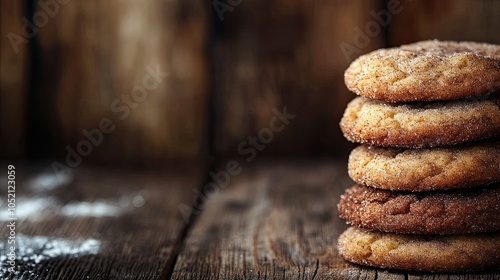 A stack of snickerdoodle cookies, rustic background, text space