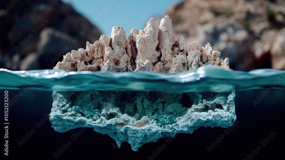 Obraz premium Underwater Rock Formation Half Submerged Blue Water Natural Landscape
