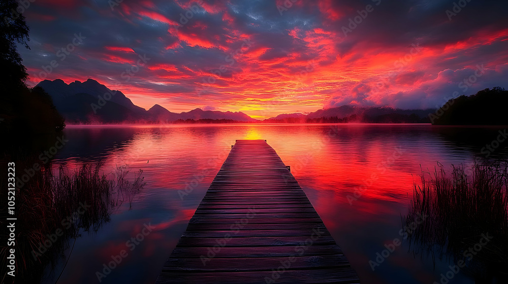 Fototapeta premium Scenic Lake Sunrise with Wooden Dock - Realistic Landscape Photography