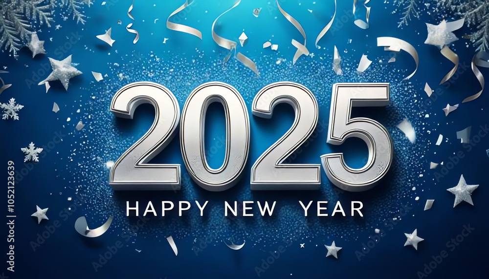 Happy New Year 2025 background / card in blue, red and pink with gold lettering and silver lettering, Happy New Year 2025 background / card in blue, red and pink with gold lettering and silver lettering,