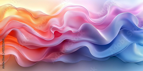 Abstract wave-like layers in soft gradient colors of orange, pink, and blue, resembling flowing fabric or fluid motion, creating a sense of calm and elegance.