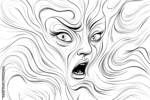 Woman screaming with distorted face showing panic and terror photo