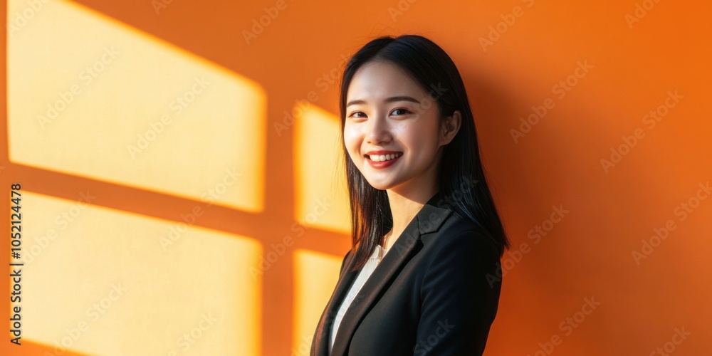 Fototapeta premium Professional portrait photography, single Chinese woman smiling at camera positioned on the right side of frame, vibrant orange background, soft window shadow on background, studio lighting, business 